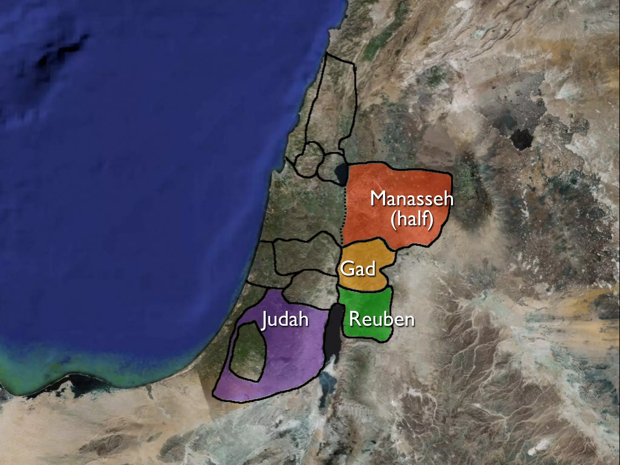Manasseh
           (half)

        Gad

Judah   Reuben
 