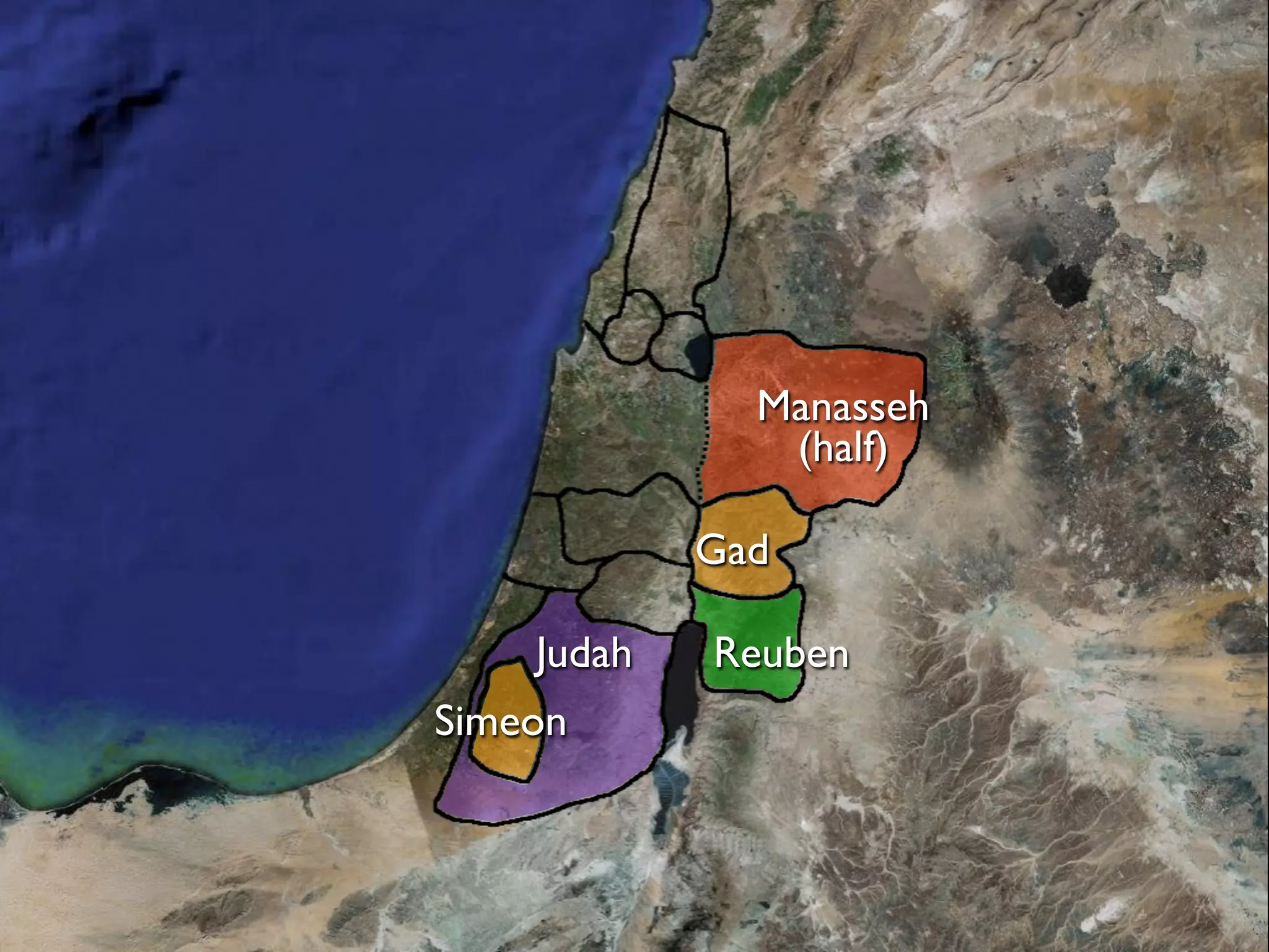 Manasseh
               (half)

            Gad

    Judah   Reuben
Simeon
 