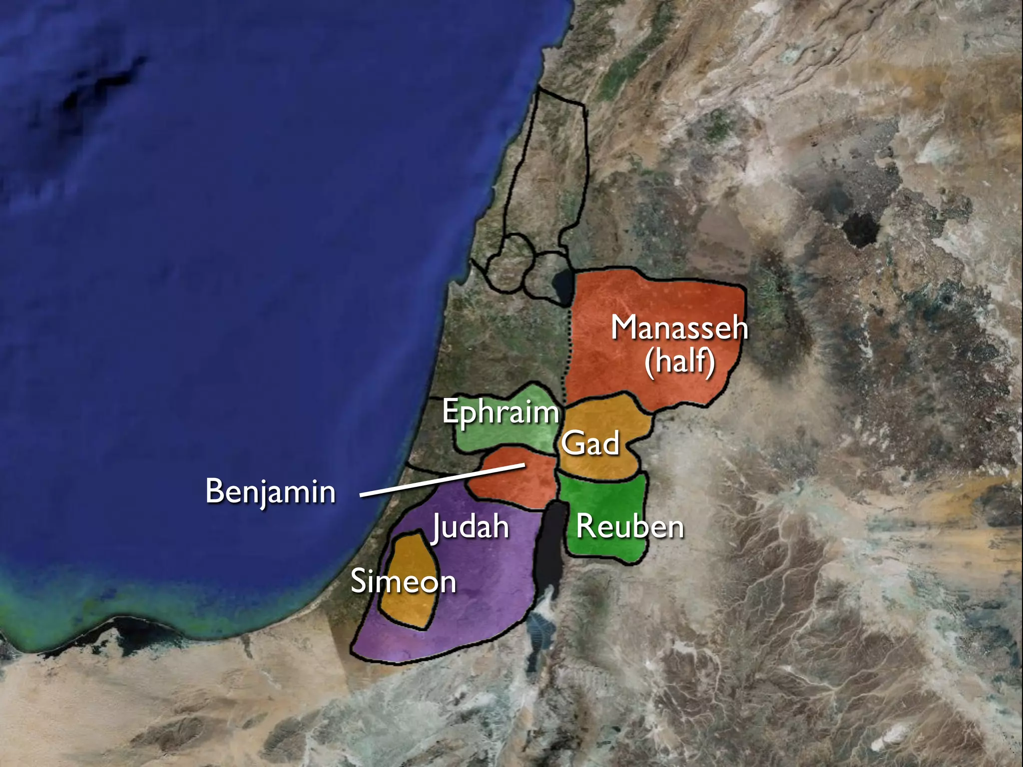 Manasseh
                          (half)
                Ephraim
                       Gad
Benjamin
               Judah   Reuben
           Simeon
 