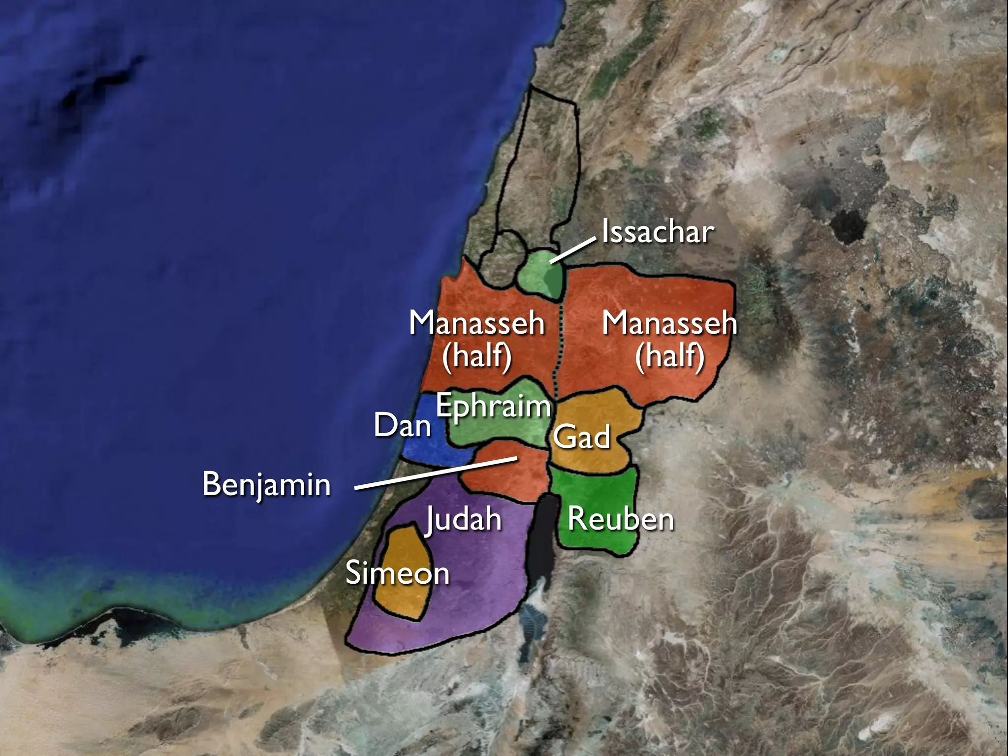 Issachar

              Manasseh   Manasseh
                (half)     (half)
                Ephraim
            Dan        Gad
Benjamin
               Judah   Reuben
           Simeon
 