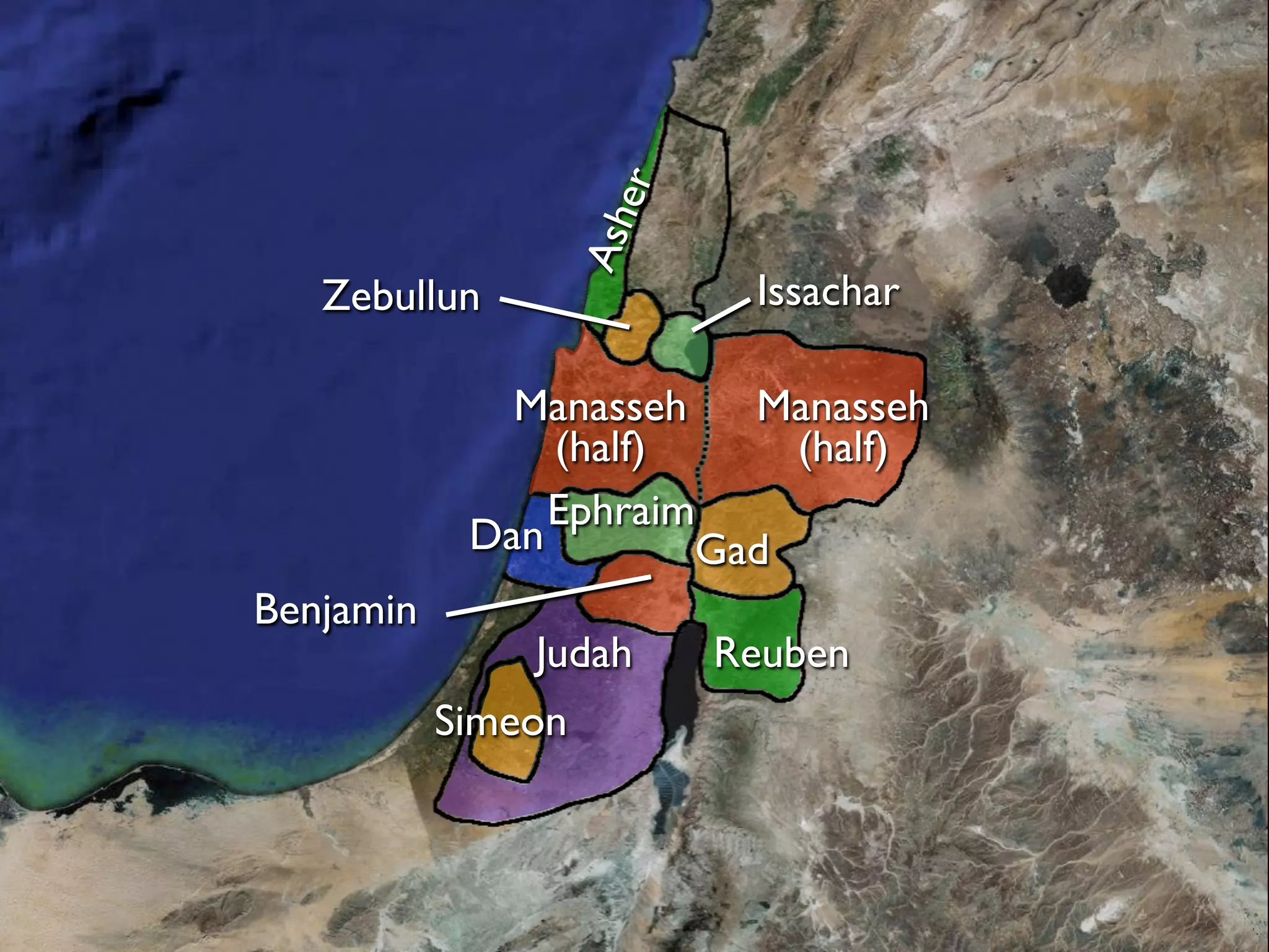 er
                    Ash
   Zebullun                Issachar

              Manasseh   Manasseh
                (half)     (half)
                Ephraim
            Dan        Gad
Benjamin
               Judah      Reuben
           Simeon
 