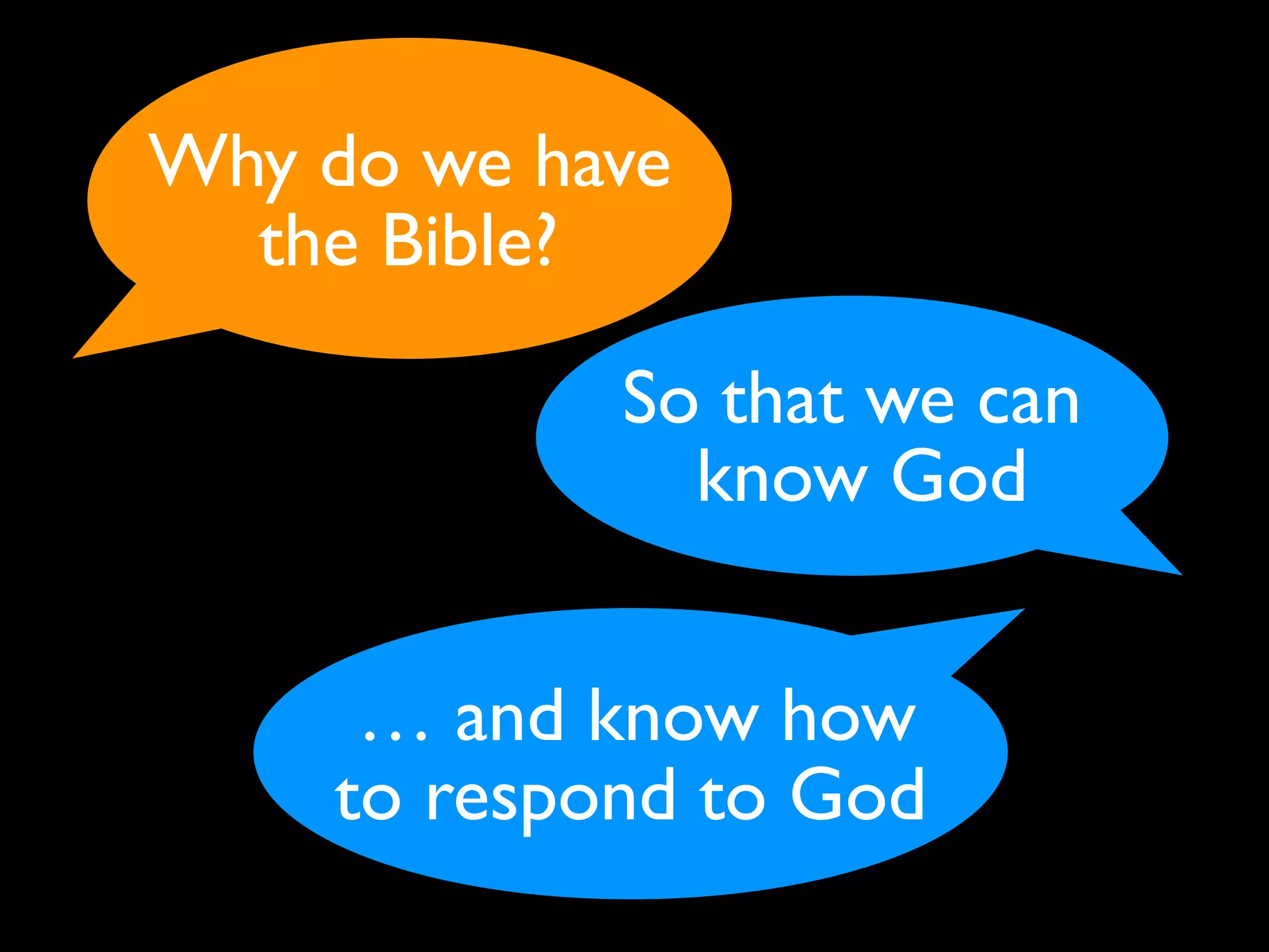Why do we have
  the Bible?

            So that we can
              know God


     … and know how
    to respond to God
 