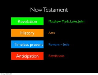 New Testament
                         Revelation       Matthew Mark, Luke, John


                          History         Acts


                       Timeless present   Romans – Jude


                        Anticipation      Revelations




Monday, 19 July 2010
 