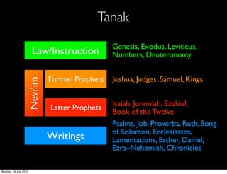Tanak
                                               Genesis, Exodus, Leviticus,
                       Law/Instruction         Numbers, Deuteronomy


                             Former Prophets   Joshua, Judges, Samuel, Kings
                   Nevi’im




                                               Isaiah, Jeremiah, Ezekiel,
                             Latter Prophets
                                               Book of the Twelve
                                               Psalms, Job, Proverbs, Ruth, Song
                                               of Solomon, Ecclesiastes,
                             Writings
                             Ketuvim           Lamentations, Esther, Daniel,
                                               Ezra–Nehemiah, Chronicles

Monday, 19 July 2010
 
