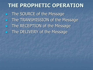 THE PROPHETIC OPERATION
    The   SOURCE of the Message
    The   TRANSMISSION of the Message
    The   RECEPTION of the Message
    The   DELIVERY of the Message
 