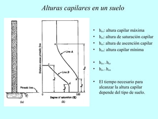 Alturas capilares en un suelo h cx : altura capilar máxima h cs : altura de saturación capilar h cr : altura de ascención capilar h cn : altura capilar mínima h cx >  h cr h cs >  h cn El tiempo necesario para alcanzar la altura capilar depende del tipo de suelo. 