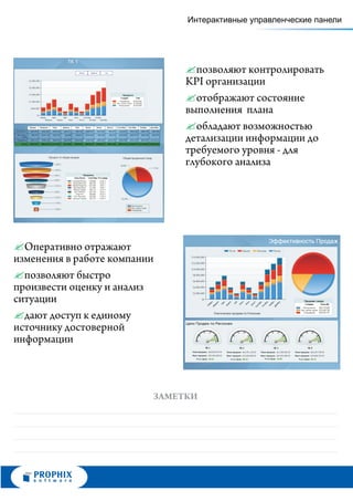 Интерактивные управленческие панели




                               ?контролировать
                                 позволяют
                               KPI организации
                               ? состояние
                                 отображают
                               выполнения плана
                               ? обладают возможностью
                               детализации информации до
                               требуемого уровня - для
                               глубокого анализа




? отражают
  Оперативно
изменения в работе компании
?быстро
  позволяют
произвести оценку и анализ
ситуации
? к единому
  дают доступ
источнику достоверной
информации



                          ЗАМЕТКИ
 