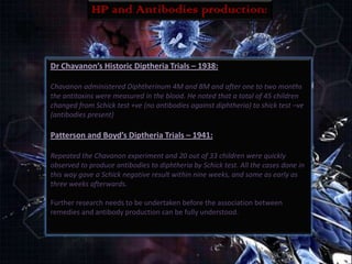 HP and Antibodies production:
Dr Chavanon’s Historic Diptheria Trials – 1938:
Chavanon administered Diphtherinum 4M and 8M and after one to two months
the antitoxins were measured in the blood. He noted that a total of 45 children
changed from Schick test +ve (no antibodies against diphtheria) to shick test –ve
(antibodies present)
Patterson and Boyd’s Diptheria Trials – 1941:
Repeated the Chavanon experiment and 20 out of 33 children were quickly
observed to produce antibodies to diphtheria by Schick test. All the cases done in
this way gave a Schick negative result within nine weeks, and some as early as
three weeks afterwards.
Further research needs to be undertaken before the association between
remedies and antibody production can be fully understood.
 