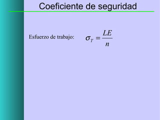 Coeficiente de seguridad

Esfuerzo de trabajo:

LE
σT =
n

 
