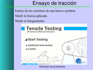 Ensayo de tracción
Estirar de los extremos de una barra o probeta
Medir la fuerza aplicada
Medir el alargamiento

Pulsa para ver la animación

 