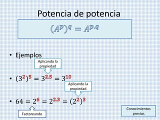 • Ejemplos
• 3 = 3 = 3
• 64 = 2 = 2 = 2
Potencia de potencia
Conocimientos
previos
Aplicando la
propiedad
Factoreando
Aplicando la
propiedad
 