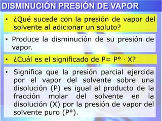 • ¿Qué sucede con la presión de vapor del
solvente al adicionar un soluto?
DISMINUCIÓN PRESIÓN DE VAPOR
• Produce la disminución de su presión de
vapor.
• ¿Cuál es el significado de P= P° . X?
• Significa que la presión parcial ejercida
por el vapor del solvente sobre una
disolución (P) es igual al producto de la
fracción molar del solvente en la
disolución (X) por la presión de vapor del
solvente puro (P°).
 