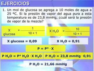 EJERCICIOS
1. Un mol de glucosa se agrega a 10 moles de agua a
25 ºC. Si la presión de vapor del agua pura a esta
temperatura es de 23,8 mmHg, ¿cuál será la presión
de vapor de la mezcla?
X
glucosa
=
1
10 + 1
X glucosa = 0,09
X H2O =
10
10 + 1
X H2O = 0,91
P = P° . X
P H2O = P° H2O . X H2O P H2O = 23,8 mmHg . 0,91
P H2O = 21,66 mmHg
 