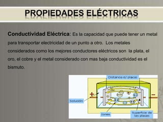 PROPIEDADES ELÉCTRICAS
Conductividad Eléctrica: Es la capacidad que puede tener un metal
para transportar electricidad de un punto a otro. Los metales
considerados como los mejores conductores eléctricos son la plata, el
oro, el cobre y el metal considerado con mas baja conductividad es el
bismuto.
 