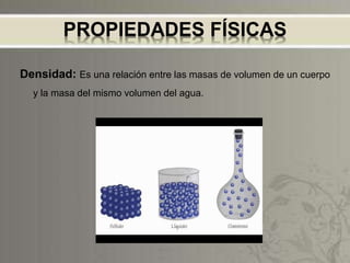 PROPIEDADES FÍSICAS
Densidad: Es una relación entre las masas de volumen de un cuerpo
y la masa del mismo volumen del agua.
 