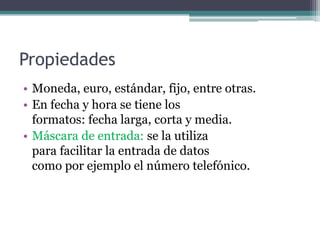 PropiedadesMoneda, euro, estándar, fijo, entre otras.En fecha y hora se tiene los                                formatos: fecha larga, corta y media.Máscara de entrada: se la utiliza                               para facilitar la entrada de datos                              como por ejemplo el número telefónico.