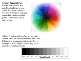 Colores Acromáticos. 
Colores Acromáticos Son 
aquellos situados en la zona 
central del círculo cromático, 
próximos al centro de éste, que 
han perdido tanta saturación 
que no se aprecia en ellos el 
matiz original. 
Colores Cromáticos Grises Son los que están 
situados cerca del centro del círculo, pero fuera 
de la zona de colores acromáticos, en ellos se 
distingue el matiz original aunque muy poco 
saturado. Cromáticos Grises. 
