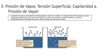 3. Presión de Vapor, Tensión Superficial, Capilaridad a.
Presión de Vapor
La presión de vapor es la presión de la fase gaseosa o vapor de un sólido o un líquido sobre la fase líquida, para una
temperatura determinada, en la que la fase líquida y el vapor se encuentra en equilibrio dinámico; su valor es
independiente de las cantidades de líquido y vapor presentes mientras existan ambas.
 
