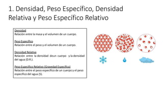 1. Densidad, Peso Específico, Densidad
Relativa y Peso Específico Relativo
Densidad
Relación entre la masa y el volumen de un cuerpo.
Peso Específico
Relación entre el peso y el volumen de un cuerpo.
Densidad Relativa
Relación entre la densidad deun cuerpo y la densidad
del agua (D.R.).
Peso Específico Relativo (Gravedad Específica)
Relación entre el peso especifico de un cuerpo y el peso
especifico del agua (S).
 