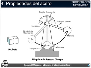 PROPIEDADES
4. Propiedades del acero                  MECANICAS




   Probeta



              Máquina de Ensayo Charpy
 