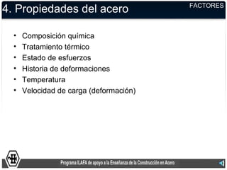 FACTORES
4. Propiedades del acero

  •   Composición química
  •   Tratamiento térmico
  •   Estado de esfuerzos
  •   Historia de deformaciones
  •   Temperatura
  •   Velocidad de carga (deformación)
 