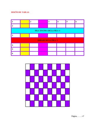 Página………>7
DISEÑO DE TABLAS
1 2 3 4 5 6
2
FILA ENCIMA DE LA FILA 1
3
DEBAJO DE LA FILA 3
4
5
6
 