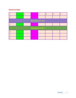 PÁGINA …… 7
Diseño de tablas
1 2 3 4 5 6
2
fila encima de la fila 3
3
fila debajo de la fila 3
4
5
6
 