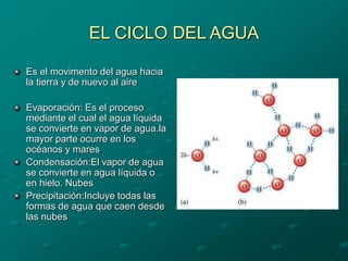 EL CICLO DEL AGUA
Es el movimento del agua hacia
la tierra y de nuevo al aire
Evaporación: Es el proceso
mediante el cual el agua líquida
se convierte en vapor de agua.la
mayor parte ocurre en los
océanos y mares
Condensación:El vapor de agua
se convierte en agua líquida o
en hielo. Nubes
Precipitación:Incluye todas las
formas de agua que caen desde
las nubes
 