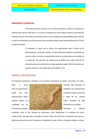 
centro de informática y sistemas  Propiedades de la kiwicha 
computación 1   Medicina Brayan Henry Acuña Salazar 
 
 
AMARANTO O KIWICHA 
El Amaranto también conocido con el nombre de Kiwicha, comenzó a cultivarse en                         
América hace más de 7000 años, su consumo es tradicional en Perú, México y Bolivia, las semillas de                                   
Amaranto proveen una fuente de proteínas superior a otros cereales que puede satisfacer gran parte de                               
la ración recomendada de proteínas para niños y también pueden proveer aproximadamente el 70% de                             
energía de la dieta. 
El Amaranto, al igual que la quinua, fue seleccionado para la dieta de los                           
astronautas por su alto valor nutritivo, su aprovechamiento integral y brevedad de su                         
ciclo de cultivo, así como su capacidad de crecer en condiciones poco favorables en                           
su desarrollo. Por todo ello, fue calificada por la NASA como cultivo CELLSS. El                           
amaranto pasó a ser cultivada en los viajes espaciales desde 1985, floreciendo en el                           
espacio durante el vuelo orbital de la nave Atlantis 71 B. 
ORIGEN Y DESCRIPCIÓN 
El Amaranto (amaranthus caudatus), es una planta amarantácea de rápido crecimiento, con hojas,                         
tallos y flores      moradas, esta coloración se       
debe a la presencia de          betalainas, Sus vistosas flores       
brotan del tallo      principal, en algunos casos las         
inflorescencias llegan    a medir 90 cm, creando         
vistosos campos de      cultivo. Alrededor de 1200       
variedades aún se      mantienen en los Andes. 
El Amaranto se adapta        fácilmente a distintos     
ambientes, tiene un tipo eficiente de fotosíntesis, crece rápidamente y no requiere de mucho                           
mantenimiento. Se desarrolla a una altitud entre los 1.400 y los 2.400 msnm. Actualmente se cultiva en                                 
diferentes países del mundo. Se siembra en Argentina, Ecuador, Bolivia, Guatemala, México e incluso                           
Pagina­­­­>2 
 