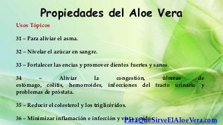 Propiedades del Aloe Vera
Usos Tópicos

31 – Para aliviar el asma.

32 – Nivelar el azúcar en sangre.

33 – Fortalecer las encías y promover dientes fuertes y sanos.

34      –       Aliviar     la     congestión,     úlceras     de
estómago, colitis, hemorroides, infecciones del tracto urinario y
problemas de próstata.

35 – Reducir el colesterol y los triglicéridos.

36 – Minimizar inflamación e infección y vista y oídos.
                                          ParaQueSirveElAloeVera.com
 