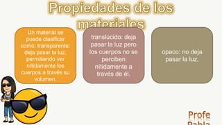 Un material se
puede clasificar
como: transparente:
deja pasar la luz,
permitiendo ver
nítidamente los
cuerpos a través su
volumen.
translúcido: deja
pasar la luz pero
los cuerpos no se
perciben
nítidamente a
través de él.
opaco: no deja
pasar la luz.
 