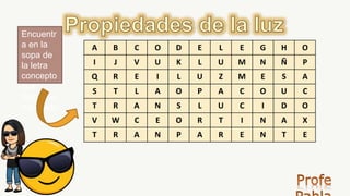A B C O D E L E G H O
I J V U K L U M N Ñ P
Q R E I L U Z M E S A
S T L A O P A C O U C
T R A N S L U C I D O
V W C E O R T I N A X
T R A N P A R E N T E
Encuentr
a en la
sopa de
la letra
concepto
que
hayamos
trabajado
.
 