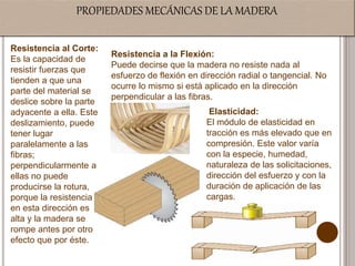 PROPIEDADES MECÁNICAS DE LA MADERA
Resistencia al Corte:
Es la capacidad de
resistir fuerzas que
tienden a que una
parte del material se
deslice sobre la parte
adyacente a ella. Este
deslizamiento, puede
tener lugar
paralelamente a las
fibras;
perpendicularmente a
ellas no puede
producirse la rotura,
porque la resistencia
en esta dirección es
alta y la madera se
rompe antes por otro
efecto que por éste.
Elasticidad:
El módulo de elasticidad en
tracción es más elevado que en
compresión. Este valor varía
con la especie, humedad,
naturaleza de las solicitaciones,
dirección del esfuerzo y con la
duración de aplicación de las
cargas.
Resistencia a la Flexión:
Puede decirse que la madera no resiste nada al
esfuerzo de flexión en dirección radial o tangencial. No
ocurre lo mismo si está aplicado en la dirección
perpendicular a las fibras.
 