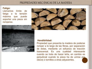 PROPIEDADES MECÁNICAS DE LA MADERA
Fatiga:
Llamamos límite de
fatiga a la tensión
máxima que puede
soportar una pieza sin
romperse.
Hendibilidad:
Propiedad que presenta la madera de poderse
romper a lo largo de las fibras, por separación
de éstas, mediante un esfuerzo de tracción
transversal. Es una cualidad interesante
cuando se trata de hacer leña, en cambio es
perjudicial cuando la pieza ha de unirse por
clavos o tornillos a otras adyacentes.
 
