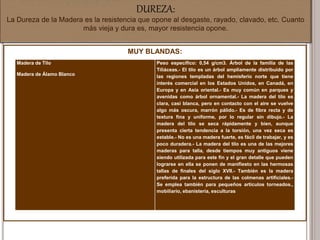 DUREZA:
La Dureza de la Madera es la resistencia que opone al desgaste, rayado, clavado, etc. Cuanto
más vieja y dura es, mayor resistencia opone.
MUY BLANDAS:
Madera de Tilo
Madera de Álamo Blanco
Peso específico: 0,54 g/cm3. Árbol de la familia de las
Tiliáceas.- El tilo es un árbol ampliamente distribuido por
las regiones templadas del hemisferio norte que tiene
interés comercial en los Estados Unidos, en Canadá, en
Europa y en Asia oriental.- Es muy común en parques y
avenidas como árbol ornamental.- La madera del tilo es
clara, casi blanca, pero en contacto con el aire se vuelve
algo más oscura, marrón pálido.- Es de fibra recta y de
textura fina y uniforme, por lo regular sin dibujo.- La
madera del tilo se seca rápidamente y bien, aunque
presenta cierta tendencia a la torsión, una vez seca es
estable.- No es una madera fuerte, es fácil de trabajar, y es
poco duradera.- La madera del tilo es una de las mejores
maderas para talla, desde tiempos muy antiguos viene
siendo utilizada para este fin y el gran detalle que pueden
lograrse en ella se ponen de manifiesto en las hermosas
tallas de finales del siglo XVII.- También es la madera
preferida para la estructura de las colmenas artificiales.-
Se emplea también para pequeños artículos torneados.,
mobiliario, ebanistería, esculturas
 