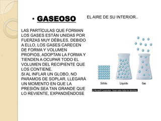 • GASEOSO                 EL AIRE DE SU INTERIOR..


    LAS PARTÍCULAS QUE FORMAN
    LOS GASES ESTÁN UNIDAS POR
    FUERZAS MUY DÉBILES. DEBIDO
    A ELLO, LOS GASES CARECEN
    DE FORMA Y VOLUMEN
.   PROPIOS, ADOPTAN LA FORMA Y
    TIENDEN A OCUPAR TODO EL
    VOLUMEN DEL RECIPIENTE QUE
    LOS CONTIENE.
    SI AL INFLAR UN GLOBO, NO
    PARAMOS DE SOPLAR, LLEGARÁ
    UN MOMENTO EN QUE LA
    PRESIÓN SEA TAN GRANDE QUE
    LO REVIENTE, EXPANDIÉNDOSE
 