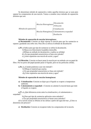 Se denominan método de separación a todos aquellas técnicas que se usan para
separar los componentes de una mezcla. Vamos a estudiar cinco métodos de separación
distintos que son:


                                                  Decantación
                            Mezclas Heterogéneas 
                                                  Filtración
                            
       Métodos de separación                   Cristalización
                            Mezclas Homogéneas Calentamiento a sequedad
                                               
                                                Destilación
                                               

       Métodos de separación de mezclas heterogéneas:
       a) Decantación: Consiste en dejar reposar la mezcla para que las sustancias se
separen ,quedando una sobre otra. Para ello se utiliza el embudo de decantación

       a.35. a) Indica para que tipo de sustancias se utiliza la decantación.
             b) Busca en el diccionario la palabra inmiscible.
             c)Dibuja un embudo de decantación y explica su utilidad.
            d) ¿En que propiedad característica se basa este método?
            e) ¿cómo separarías una mezcla de aceite y agua?

         b) Filtración: Consiste en hacer pasar la mezcla por un embudo con un papel de
filtro. Por los poros del papel pueden pasar el liquido, pero no las partículas sólidas.

       a.36. a) ¿Cuándo podremos usar este método?.
             b) Dibuja el material que usarías.
             c) En que propiedad característica se basa este método?
             d)¿Cómo separarías una mezcla de arena y agua?

       Métodos de separación de mezclas homogéneas:

       a) Cristalización: Consiste en dejar que el líquido se evapore a temperatura
          ambiente.
       b) Calentamiento a sequedad: : Consiste en calentar la mezcla hasta que todo
          el liquido se evapore.

      a.37. a) ¿Qué diferencia existe entre la cristalización y el calentamiento a
sequedad? .
            b)¿Para qué tipo de sustancias aplicarías estos métodos?.
            c) En que propiedad característica se basan estos métodos?
      d) La sal de cocina se obtiene en las salinas a partir del agua del mar. ¿Cómo se
denomina este proceso?

       c) Destilación: Consiste en recuperar todos los componentes de la mezcla.
 