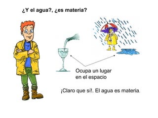 ¿Y el agua?, ¿es materia?
Ocupa un lugar
en el espacio
¡Claro que sí!. El agua es materia.
 