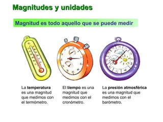 Magnitudes y unidadesMagnitudes y unidades
Magnitud es todo aquello que se puede medir
La temperatura
es una magnitud
que medimos con
el termómetro.
El tiempo es una
magnitud que
medimos con el
cronómetro.
La presión atmosférica
es una magnitud que
medimos con el
barómetro.
 