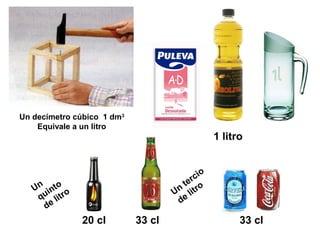 Un decímetro cúbico 1 dm3
Equivale a un litro
20 cl 33 cl 33 cl
1 litro
Un
quinto
de litro Un
tercio
de
litro
 
