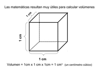 1 cm
1cm
1
cm
Volumen = 1cm x 1 cm x 1cm = 1 cm3
(un centímetro cúbico)
Las matemáticas resultan muy útiles para calcular volúmenes
 