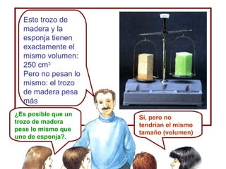 Este trozo de
madera y la
esponja tienen
exactamente el
mismo volumen:
250 cm3
Pero no pesan lo
mismo: el trozo
de madera pesa
más
¿Es posible que un
trozo de madera
pese lo mismo que
uno de esponja?.
Sí, pero no
tendrían el mismo
tamaño (volumen)
 