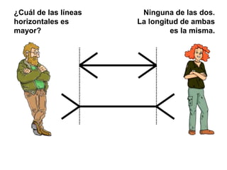¿Cuál de las líneas
horizontales es
mayor?
Ninguna de las dos.
La longitud de ambas
es la misma.
 
