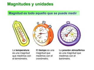 Magnitudes y unidades
Magnitud es todo aquello que se puede medir
La temperatura
es una magnitud
que medimos con
el termómetro.
El tiempo es una
magnitud que
medimos con el
cronómetro.
La presión atmosférica
es una magnitud que
medimos con el
barómetro.
 