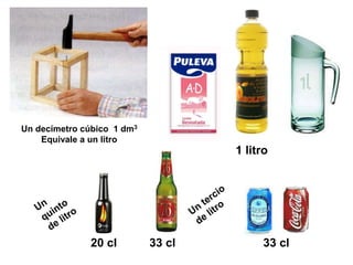 Un decímetro cúbico 1 dm3
Equivale a un litro
20 cl 33 cl 33 cl
1 litro
 