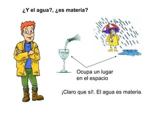 ¿Y el agua?, ¿es materia?
Ocupa un lugar
en el espacio
¡Claro que sí!. El agua es materia.
 