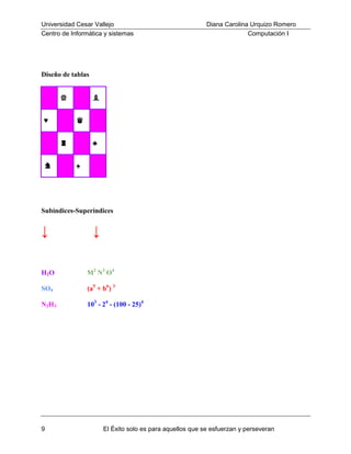 Universidad Cesar Vallejo
Centro de Informática y sistemas

Diana Carolina Urquizo Romero
Computación I

Diseño de tablas
♕
♥

♗
♛
♣

♜
♞

♠

Subíndices-Superíndices

↓

↓

H2 O

M2 N3 O4

SO4

(a5 + b6) 3

N2H3

103 - 24 - (100 - 25)4

9

El Éxito solo es para aquellos que se esfuerzan y perseveran

 