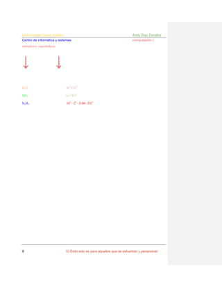 Universidad César Vallejo
Centro de informática y sistemas

Andy Diaz Zevallos
computación I

subíndices- superíndices

↓

↓

H2O

M2N3O4

SO4

(a5+b6)3

N2H3

103 - 24 - (100- 25)4

9

El Éxito solo es para aquellos que se esfuerzan y perseveran

 