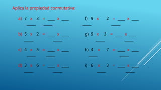 Aplica la propiedad conmutativa:
a) 7 x 3 = ____ x ____ f) 9 x 2 = ____ x ____
_____ _____ _____ _____
b) 5 x 2 = ____ x ____ g) 9 x 3 = ____ x ____
_____ _____ _____ _____
c) 4 x 5 = ____ x ____ h) 4 x 7 = ____ x ____
_____ _____ _____ _____
d) 3 x 6 = ____ x ____ i) 6 x 3 = ____ x ____
_____ _____ _____ _____
 