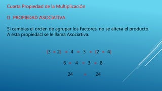 Cuarta Propiedad de la Multiplicación
PROPIEDAD ASOCIATIVA
Si cambias el orden de agrupar los factores, no se altera el producto.
A esta propiedad se le llama Asociativa.
(3 × 2) × 4 = 3 × (2 × 4)
6 × 4 = 3 × 8
24 = 24
 